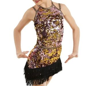 Weissman Pink & Gold Sequin Three Piece Two-Way Dance Costume
